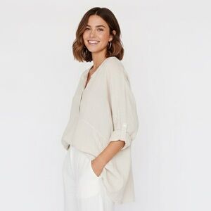 twigg + feather Cream Linen Blend Tunic Top Size Small Made in Canada